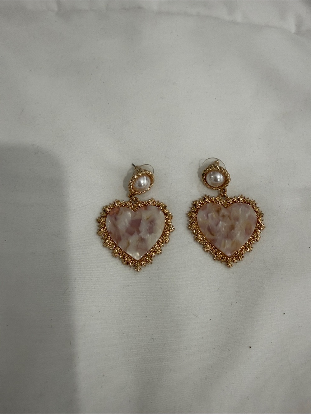 Gold-Tone Pink Mother-of-Pearl Heart Drop Earrings